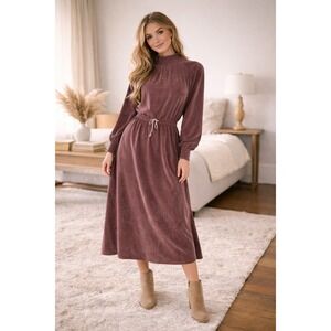 LILU Brown Velvet Velour Mock Neck Smocked Waist Midi‎ Dress M